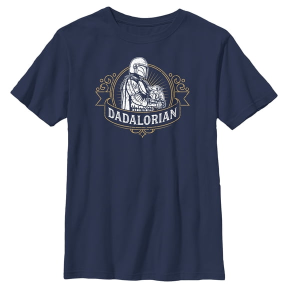 Boy's Star Wars: The Mandalorian Grogu and Din Djarin Dadalorian Banner Sketch Graphic Tee Navy Blue Large