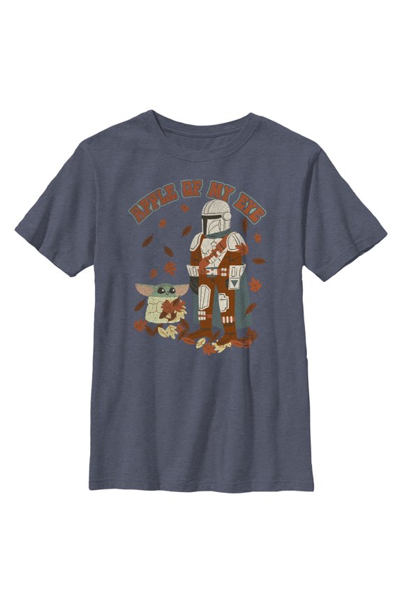 Boy's Star Wars: The Mandalorian Grogu and Din Djarin Fall Leaves Apple of my Eye Graphic Tee Navy Blue Heather Large