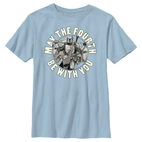 Boy's Star Wars: The Mandalorian Grogu and Din Djarin May the Fourth Be With You Graphic Tee Light Blue Large