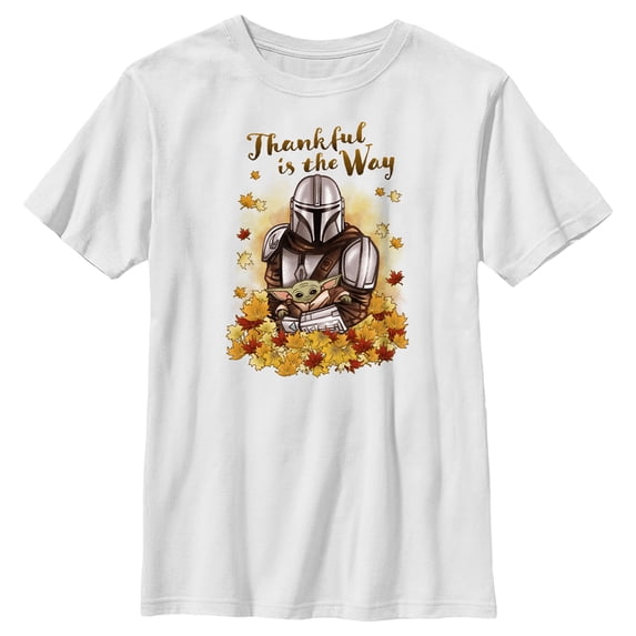 Boy's Star Wars: The Mandalorian Grogu and Din Djarin Thankful is the Way Graphic Tee White Small