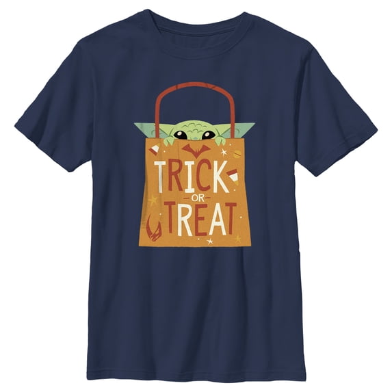 Boy's Star Wars: The Mandalorian Halloween Grogu Trick or Treat Bag Graphic Tee Navy Blue Medium