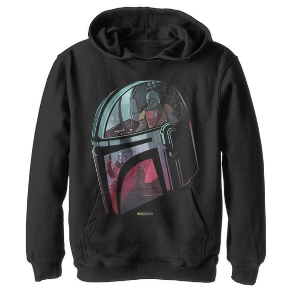 Boy's Star Wars: The Mandalorian Helmet Reflection Pull Over Hoodie Black Medium