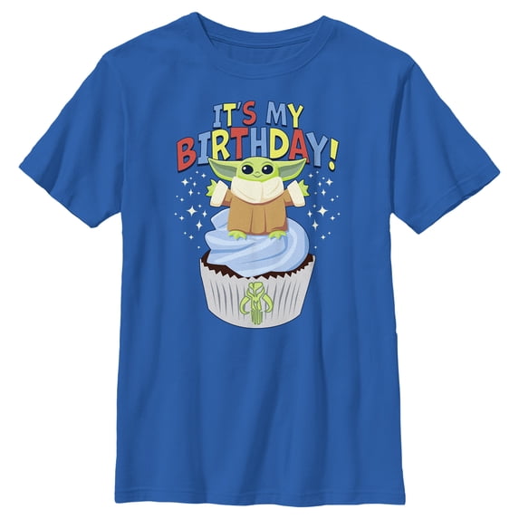 Boy's Star Wars: The Mandalorian It's My Birthday Grogu Cupcake Graphic Tee Royal Blue Medium