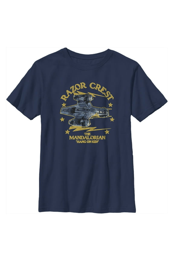 Boy's Star Wars: The Mandalorian Razor Crest Hang On Kid Graphic Tee Navy Blue Large