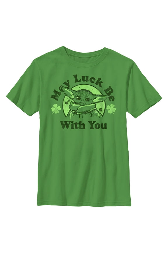 Boy's Star Wars: The Mandalorian St. Patrick's Day Grogu May Luck be with You Distressed Graphic Tee Kelly Green Medium