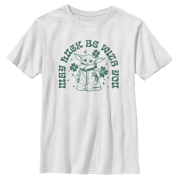 Boy's Star Wars: The Mandalorian St. Patrick's Day Grogu May Luck be with You Retro Graphic Tee White Medium