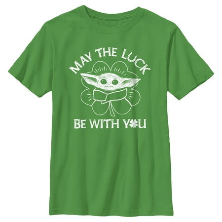 Boy's Star Wars: The Mandalorian St. Patrick's Day Grogu May the Luck be with You Distressed Graphic Tee Kelly Green Small