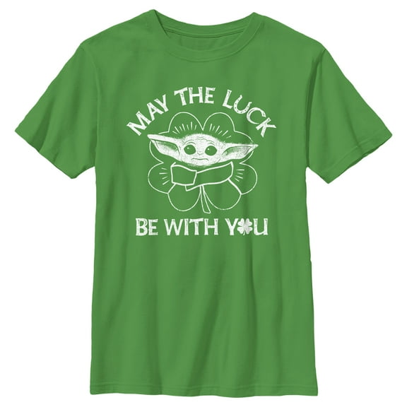 Boy's Star Wars: The Mandalorian St. Patrick's Day Grogu May the Luck be with You Distressed Graphic Tee Kelly Green Small