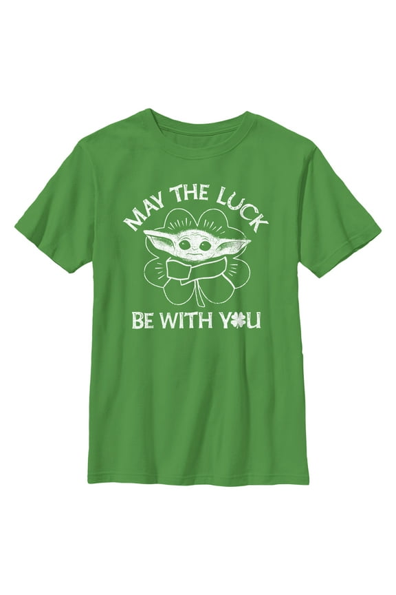 Boy's Star Wars: The Mandalorian St. Patrick's Day Grogu May the Luck be with You Distressed Graphic Tee Kelly Green Large