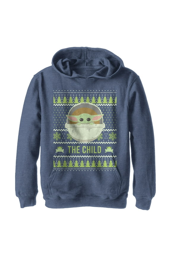 Boy's Star Wars The Mandalorian The Child Ugly Christmas Frog Pull Over Hoodie Navy Blue Heather Small