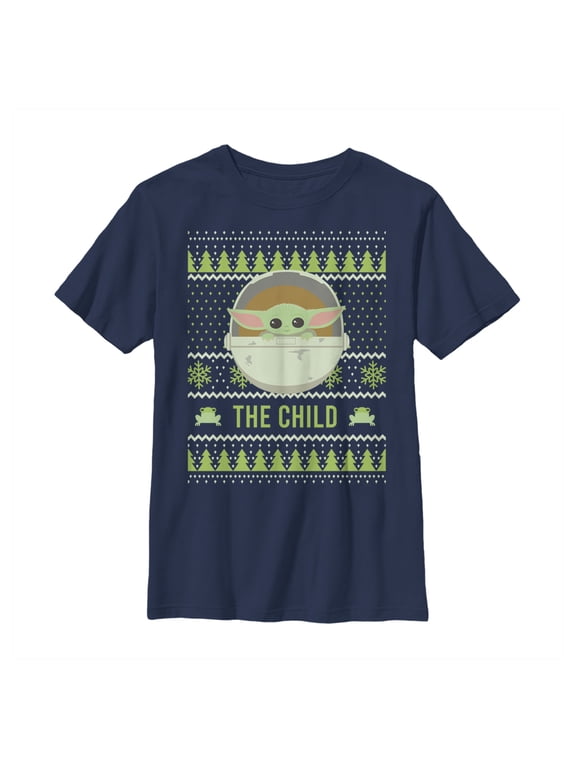 Boy's Star Wars: The Mandalorian Ugly Christmas The Child Frog Graphic Tee Navy Blue Medium