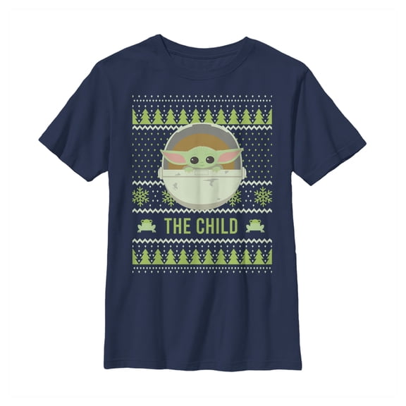Boy's Star Wars: The Mandalorian Ugly Christmas The Child Frog  Graphic Tee Navy Blue X Large