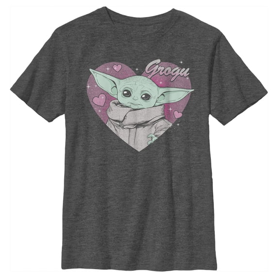 Boy's Star Wars: The Mandalorian Valentine's Day The Child Heart Portrait Graphic Tee Charcoal Heather Large