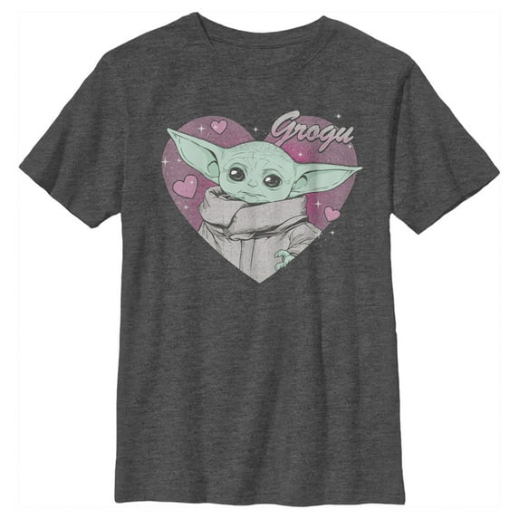 Boy's Star Wars: The Mandalorian Valentine's Day The Child Heart Portrait Graphic Tee Charcoal Heather Medium