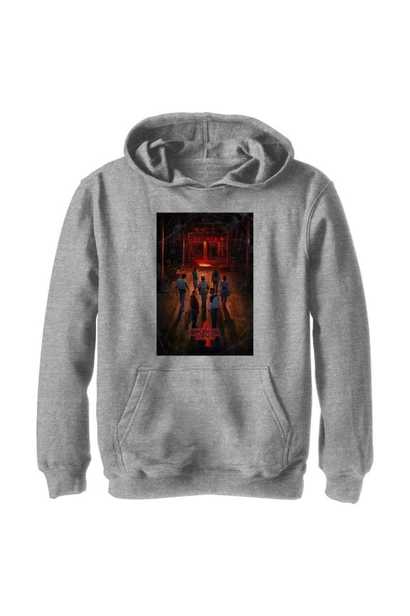Netflix Boy's Stranger Things Caution Creel House Rift Poster Pull Over Hoodie Athletic Heather Medium