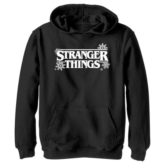 Netflix Boy's Stranger Things Christmas Snowflakes Logo Pull Over Hoodie Black X Large