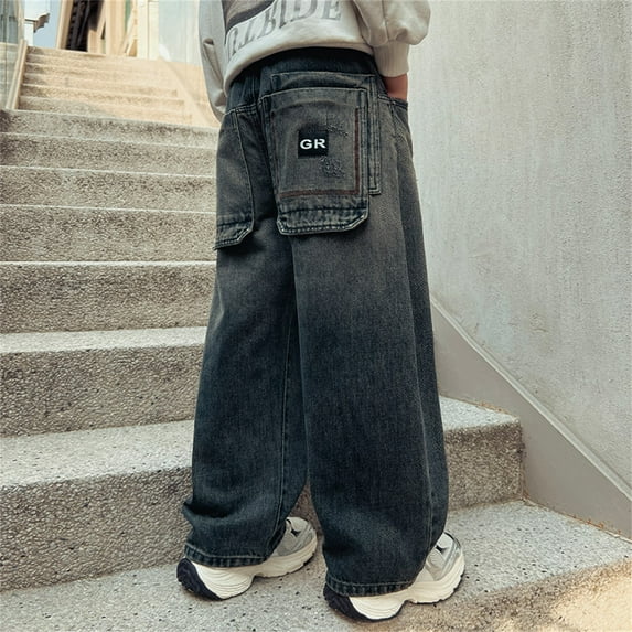 Boy's Streetwear Denim Cargo Pants Loose Fit Skateboard Denim Pants Streetwear Durable Vintage Plain Pants Multiple Pockets for Boys