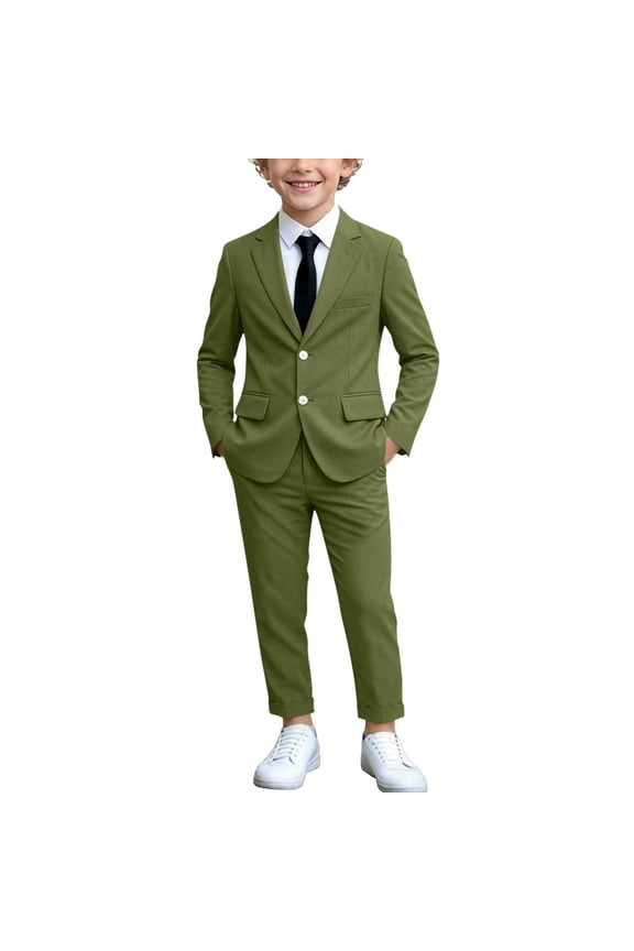 Boy's Suit Set Long Sleeve Blazer Jacket + Pants Set Wrinkle Resistan Tailored Formal Wedding School Uniform Green