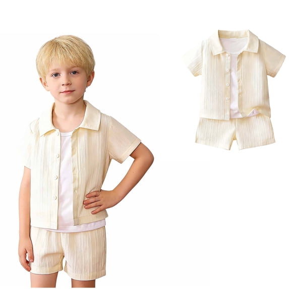 Boy's Summer Beach Outfits Textured Button Down Shirt and Short Sets Beige Toddler Clothes Vacation Outfits 18-24 Months