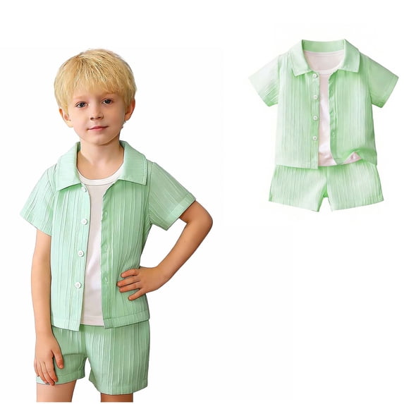 Boy's Summer Beach Outfits Textured Button Down Shirt and Short Sets Green Toddler Clothes Vacation Outfits 18-24 Months