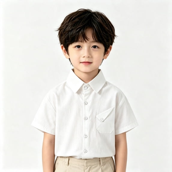 Boy's Summer Dress Shirt Classic Short Sleeve Button Down School Uniform Comfortable Breathable Casual T-Shirt with Chest Pocket, 130