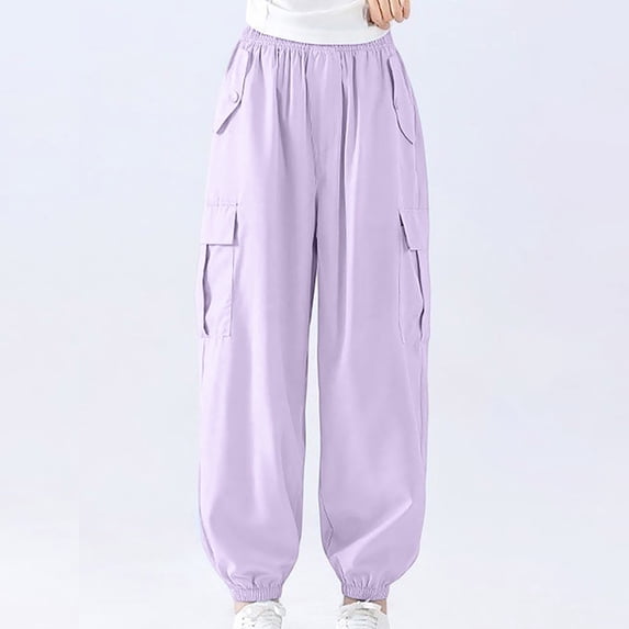 Boy's Summer Elastic Waist Cargo Pants Street Leisure Sports Stretch Pocket Jogger Trousers, 6-7 Years, Purple