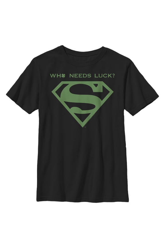Boy's Superman St. Patrick's Day Who Needs Luck? Graphic Tee Black Large