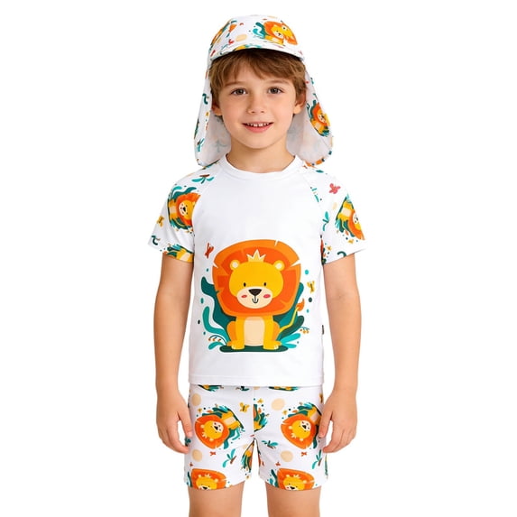 Boy's Swimsuits Long Sleeve Rash Guard Coconut Letter Print Trunks Cap 3 Pcs Beachwear