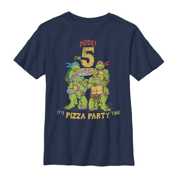 Boy's Teenage Mutant Ninja Turtles 5th Birthday Pizza Party Graphic Tee Navy Blue Medium