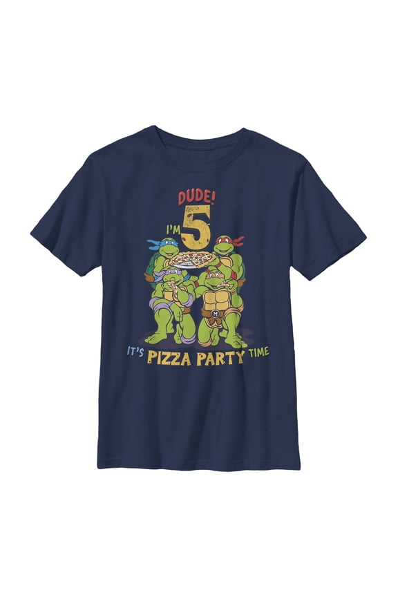 Boy's Teenage Mutant Ninja Turtles 5th Birthday Pizza Party Graphic Tee Navy Blue Medium