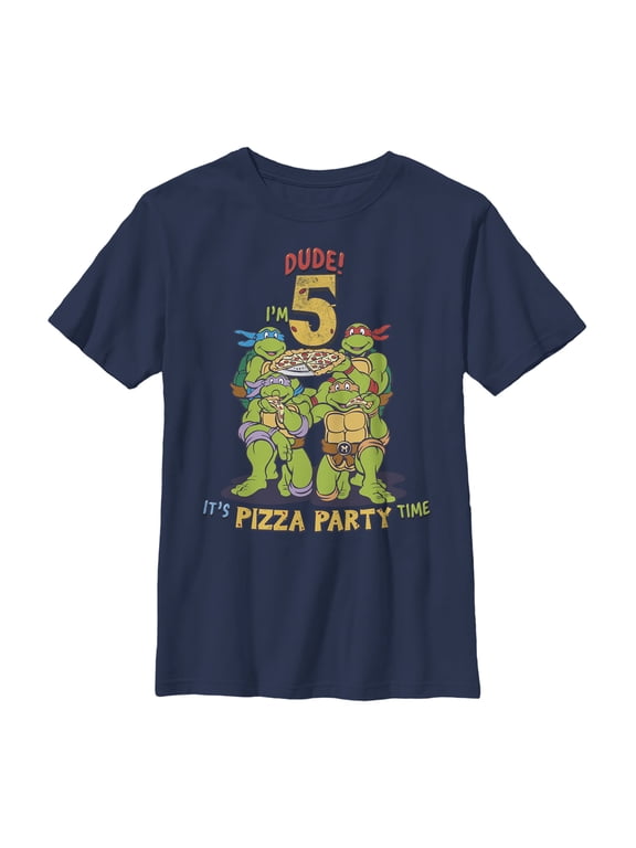 Boy's Teenage Mutant Ninja Turtles 5th Birthday Pizza Party Graphic Tee Navy Blue Small