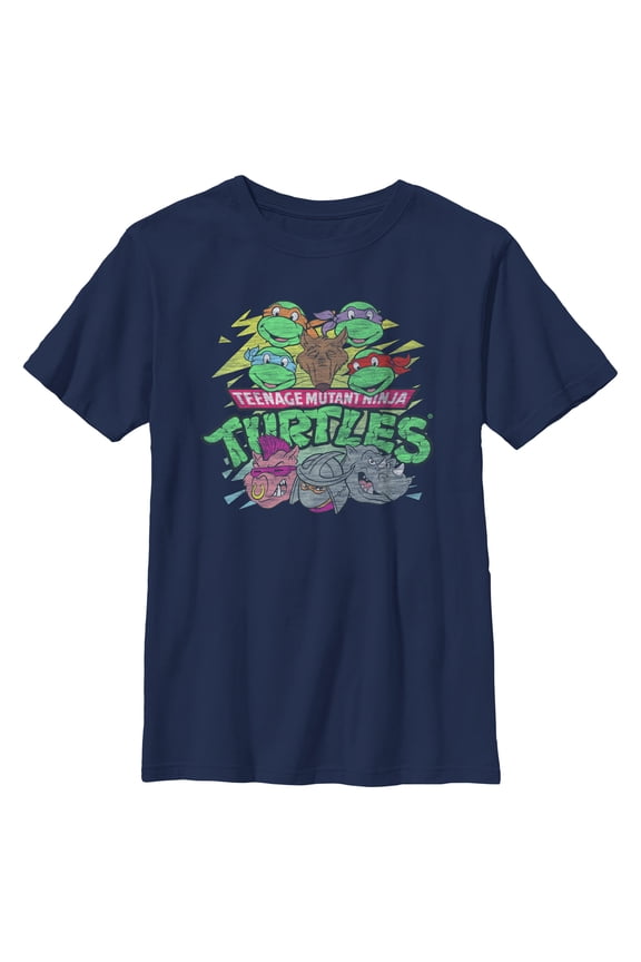 Boy's Teenage Mutant Ninja Turtles Distressed Characters and Villains Graphic Tee Navy Blue Large