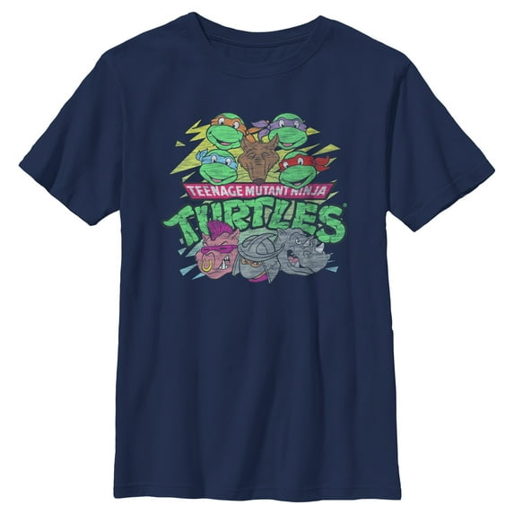 Boy's Teenage Mutant Ninja Turtles Distressed Characters and Villains Graphic Tee Navy Blue Small