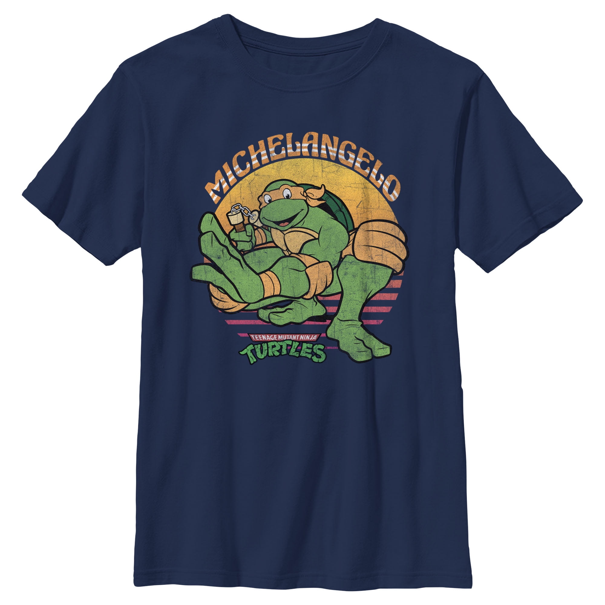 Boy's Teenage Mutant Ninja Turtles Distressed Michelangelo in Action T-Shirt - Navy Blue - Small