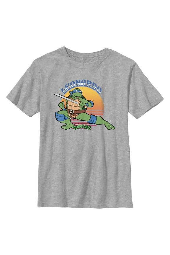 Boy's Teenage Mutant Ninja Turtles Sunset Leonardo in Action Graphic Tee Athletic Heather Large