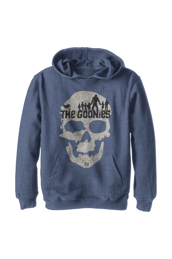 Boy's The Goonies Skull Map Logo Pull Over Hoodie Navy Blue Heather X Large