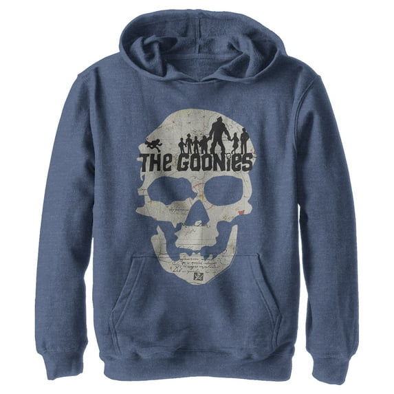 Boy's The Goonies Skull Map Logo Pull Over Hoodie Navy Blue Heather X Large