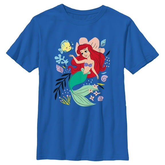 Boy's The Little Mermaid Ariel and Flounder Sea Graphic Tee Royal Blue Medium
