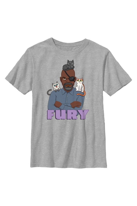 Boy's The Marvels Nick Fury Cat Portrait Graphic Tee Athletic Heather Large