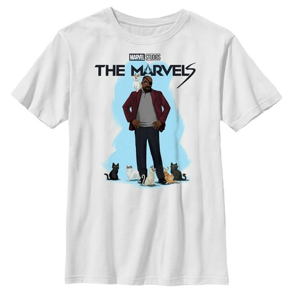 Boy's The Marvels Nick Fury and Cats  Graphic Tee White Large