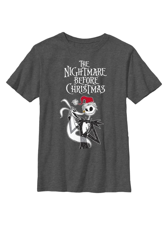Boy's The Nightmare Before Christmas Jack Skellington Santa Hat Logo Graphic Tee Charcoal Heather Large