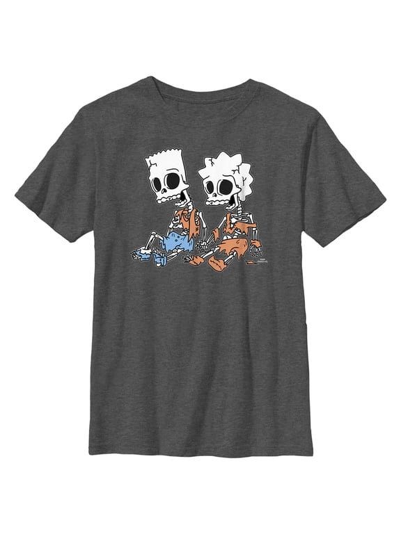Boy's The Simpsons Skeleton Bart and Lisa Graphic Tee Charcoal Heather Large
