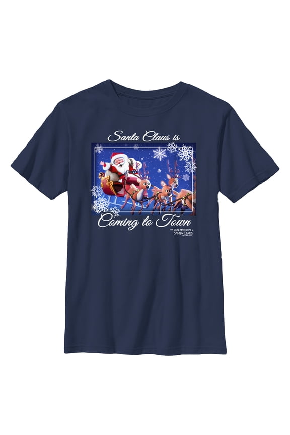Boy's The Year Without a Santa Claus Santa Claus is Coming to Town Graphic Tee Navy Blue Medium