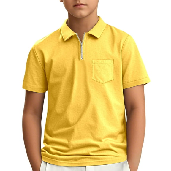 Boy's Tops Kids Boys Girls Short Sleeve Summer Casual Solid Zipper Gentleman Tops Teen Holiday Shirts T Shirt Comfort Colors Tshirt(Color:Yellow,Size:7-8 Years)
