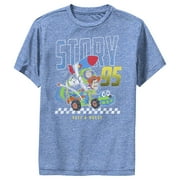 Boy's Toy Story Buzz & Woody Rocket Car Performance Graphic Tee Royal Blue Heather Large