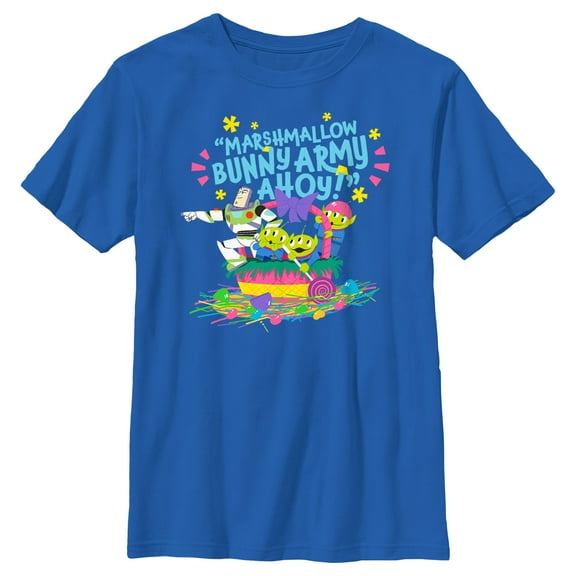 Boy's Toy Story Easter Buzz Lightyear and Aliens Marshmallow Bunny Army Ahoy  Graphic Tee Royal Blue X Large