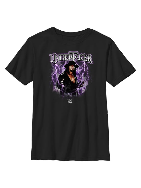 Boy's WWE Undertaker Purple Lightning Logo Graphic Tee Black Large