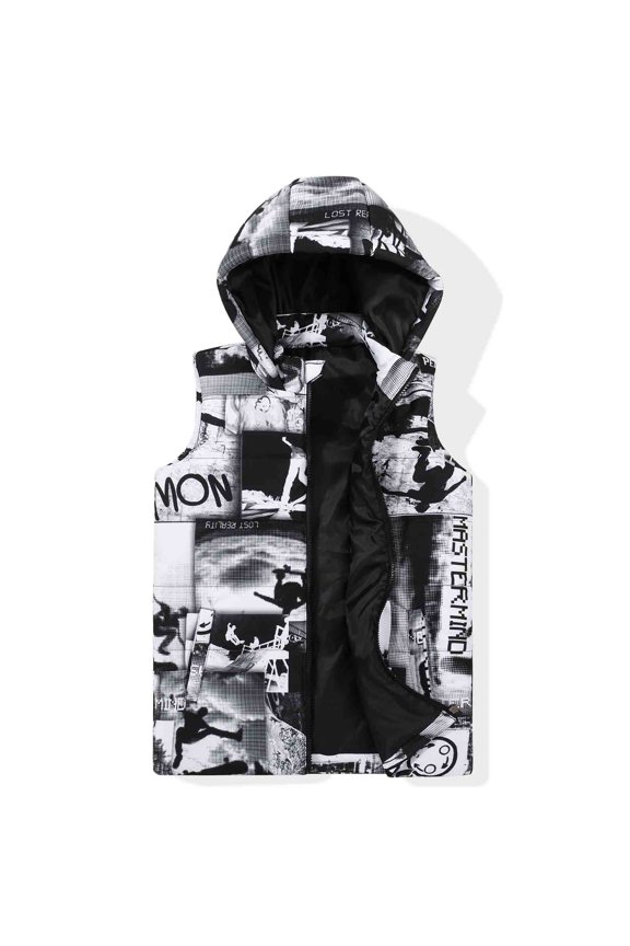 Boy's Warm Puffer Vest Coat Funny Printed Sleeveless Jacket With Hood Black White Photo Size 6
