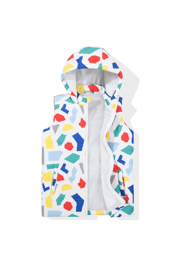 Boy's Warm Puffer Vest Coat Funny Printed Sleeveless Jacket With Hood Colored Diamond Size 12