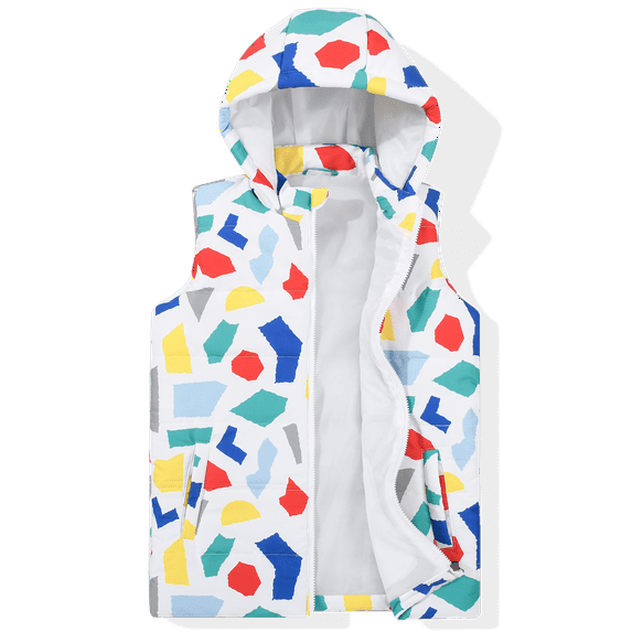 Boy's Warm Puffer Vest Coat Funny Printed Sleeveless Jacket With Hood Colored Diamond Size 8